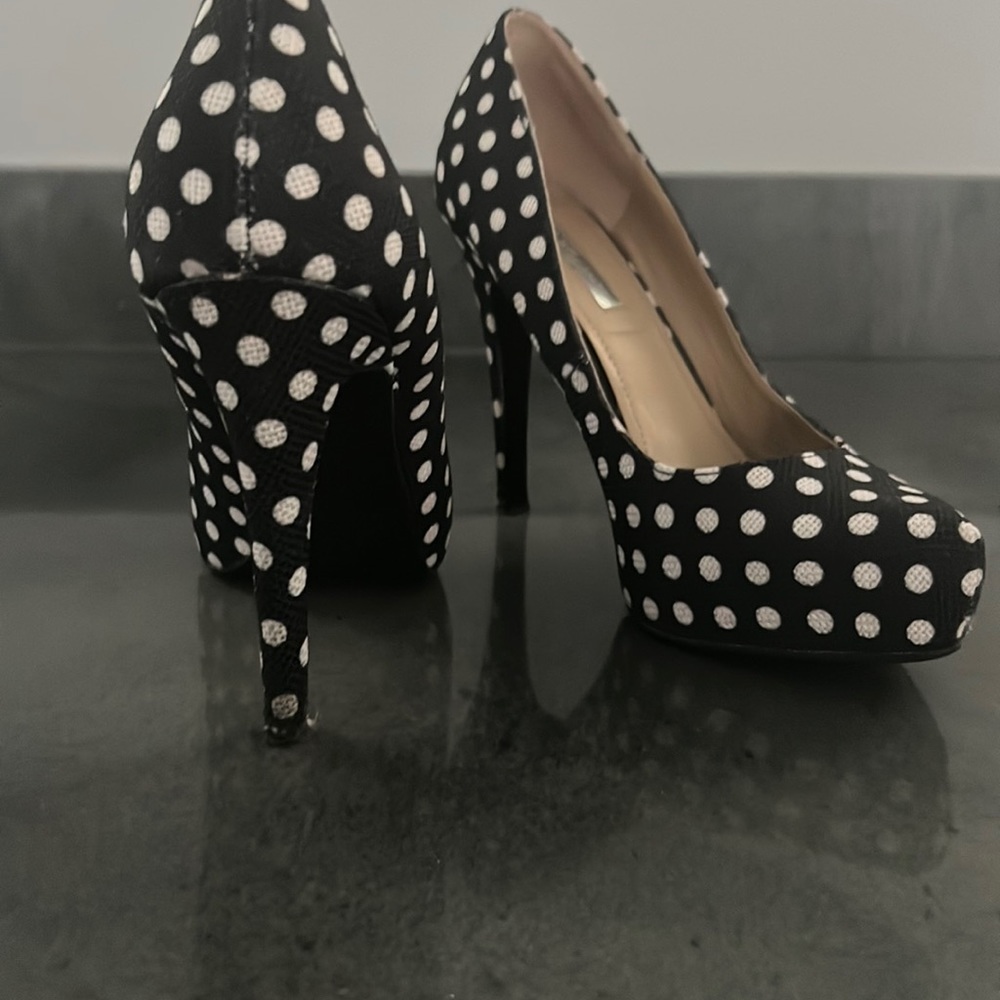 BCBG black and white polka dot platform heels